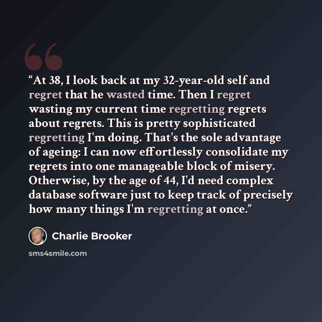 “At 38, I look back at my 32-year-old self and regret that he wasted time. Then I regret wasting my current time regretting regrets about regrets. This is pretty sophisticated regretting I'm doing. That's the sole advantage of ageing: I can now effortlessly consolidate my regrets into one…” quote by Charlie Brooker