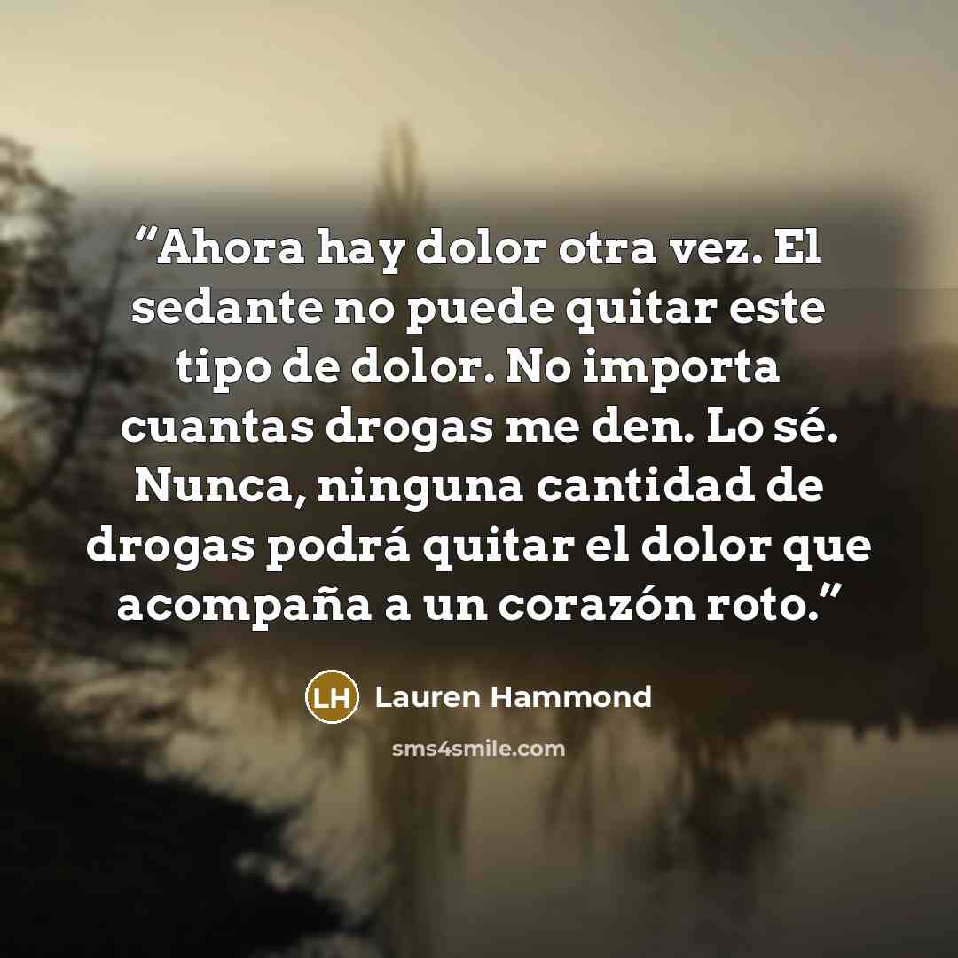 “Ahora hay dolor otra vez. El sedante no puede quitar este tipo de dolor. No importa cuantas drogas me den. Lo sé. Nunca, ninguna cantidad de drogas podrá quitar el dolor que acompaña a un corazón roto.” quote by Lauren Hammond