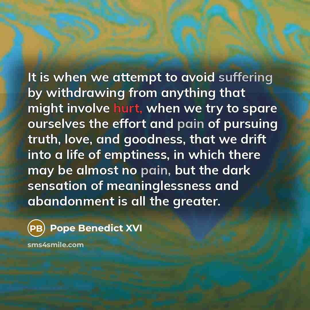 “It is when we attempt to avoid suffering by withdrawing from anything that might involve hurt, when we try to spare ourselves the effort and pain of pursuing truth, love, and goodness, that we drift into a life of emptiness, in which there may be almost no pain, but the dark sensation of…” quote by Pope Benedict XVI