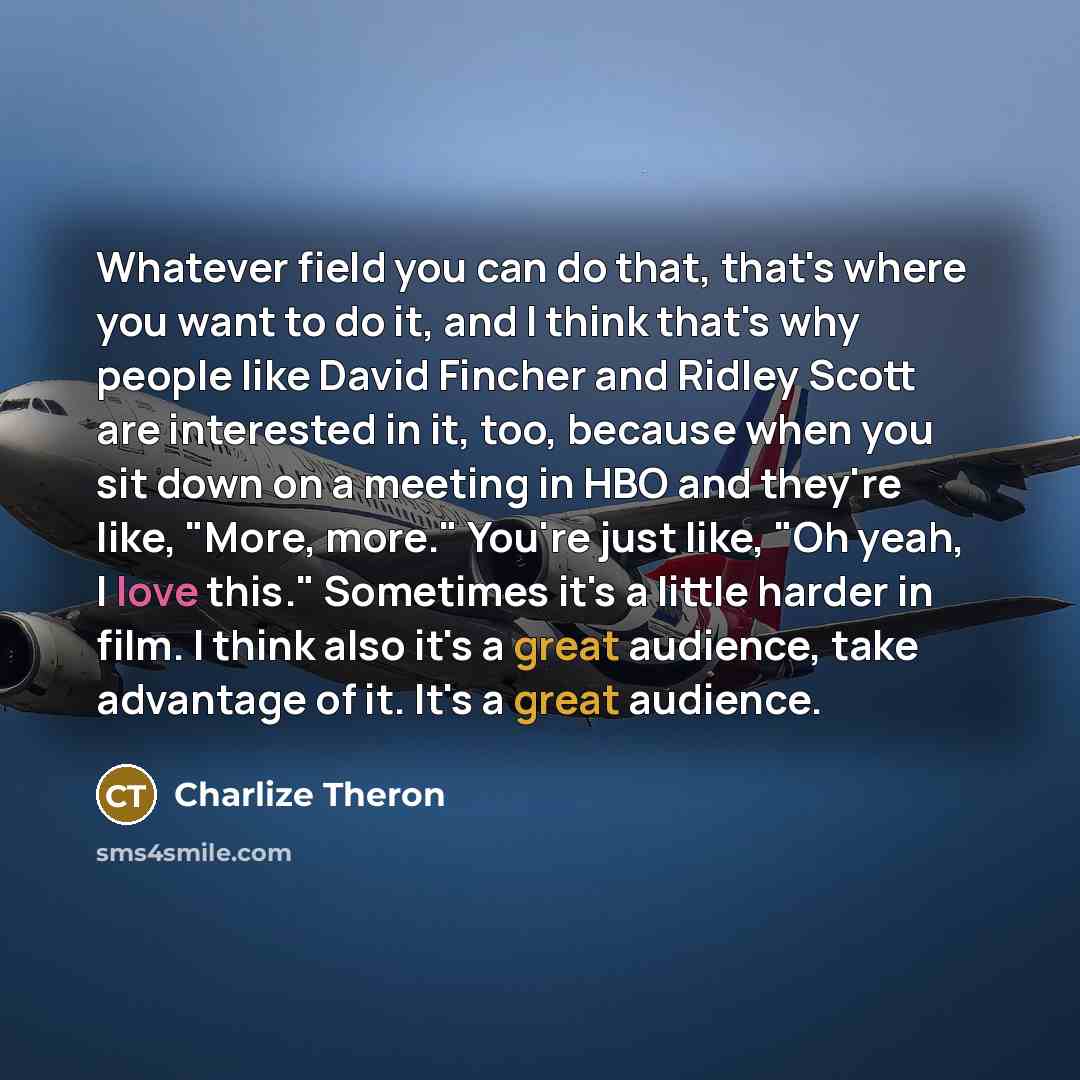 “Whatever field you can do that, that's where you want to do it, and I think that's why people like David Fincher and Ridley Scott are interested in it, too, because when you sit down on a meeting in HBO and they're like, "More, more." You're just like, "Oh yeah, I love this." Sometimes it's a…” quote by Charlize Theron