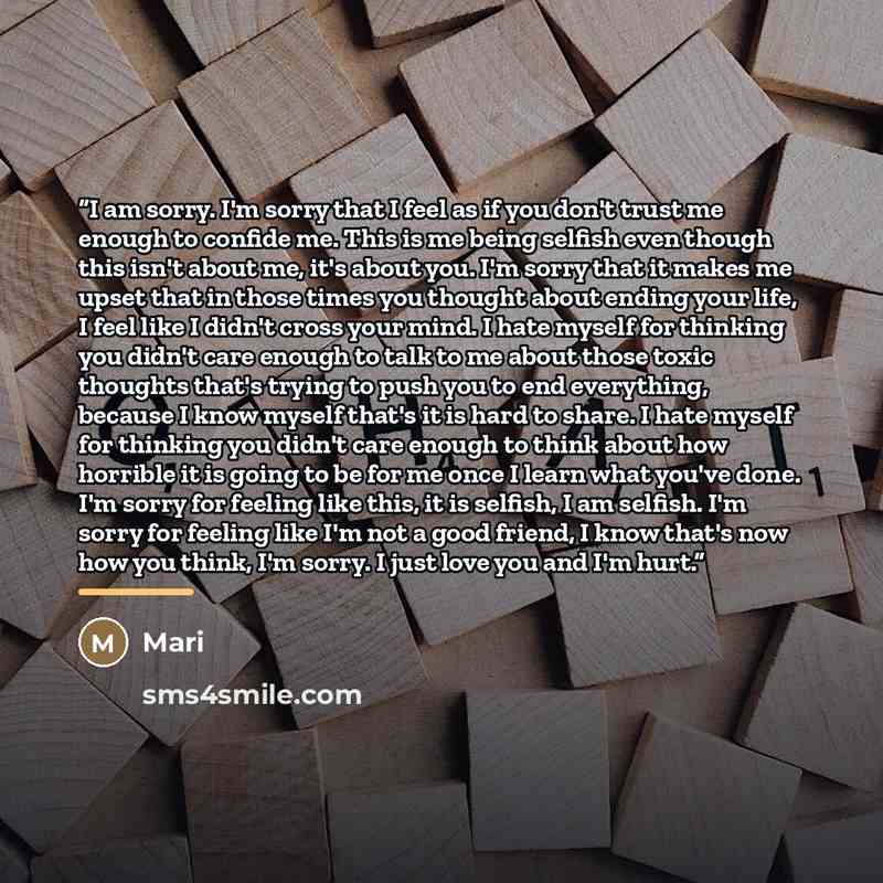 “I am sorry. I'm sorry that I feel as if you don't trust me enough to confide me. This is me being selfish even though this isn't about me, it's about you. I'm sorry that it makes me upset that in those times you thought about ending your life, I feel like I didn't cross your mind. I hate myself…” quote by Mari