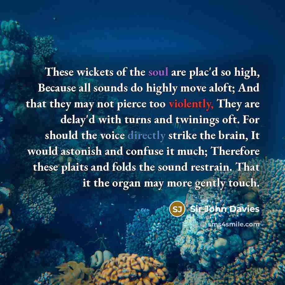“These wickets of the soul are plac'd so high, Because all sounds do highly move aloft; And that they may not pierce too violently, They are delay'd with turns and twinings oft. For should the voice directly strike the brain, It would astonish and confuse it much; Therefore these plaits and folds…” quote by Sir John Davies