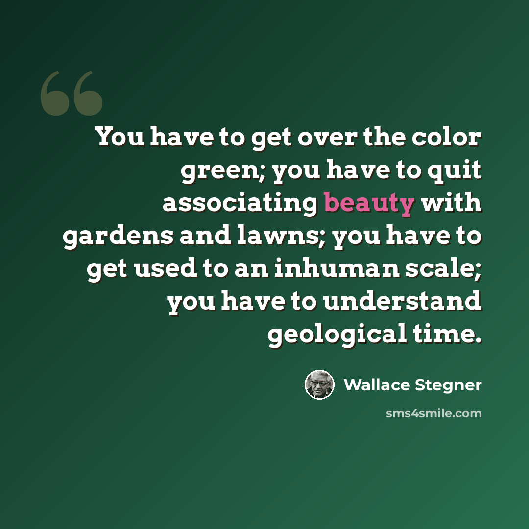 “You have to get over the color green; you have to quit associating beauty with gardens and lawns; you have to get used to an inhuman scale; you have to understand geological time.” quote by Wallace Stegner