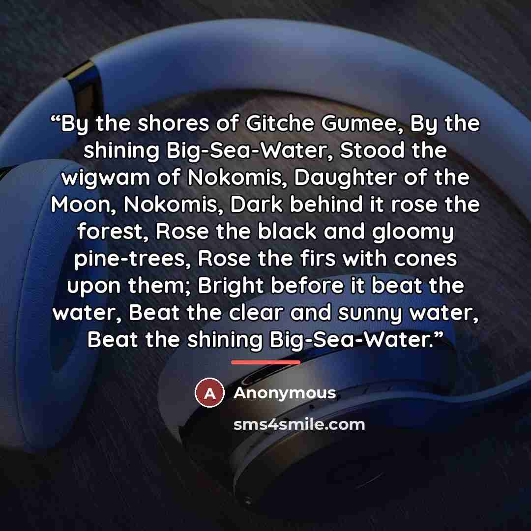 “By the shores of Gitche Gumee, By the shining Big-Sea-Water, Stood the wigwam of Nokomis, Daughter of the Moon, Nokomis, Dark behind it rose the forest, Rose the black and gloomy pine-trees, Rose the firs with cones upon them; Bright before it beat the water, Beat the clear and sunny water, Beat…” quote by Anonymous