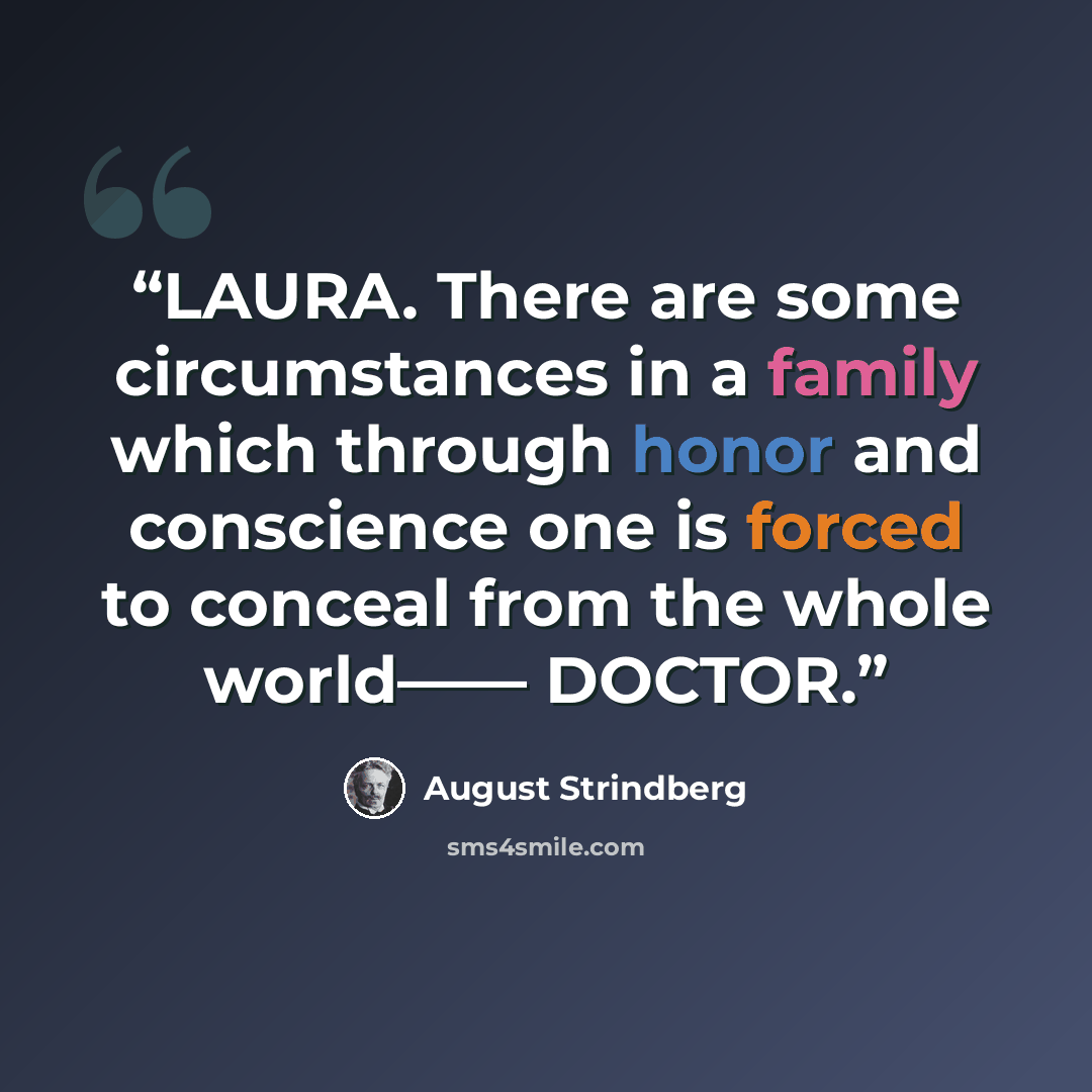 “LAURA. There are some circumstances in a family which through honor and conscience one is forced to conceal from the whole world—— DOCTOR.” quote by August Strindberg
