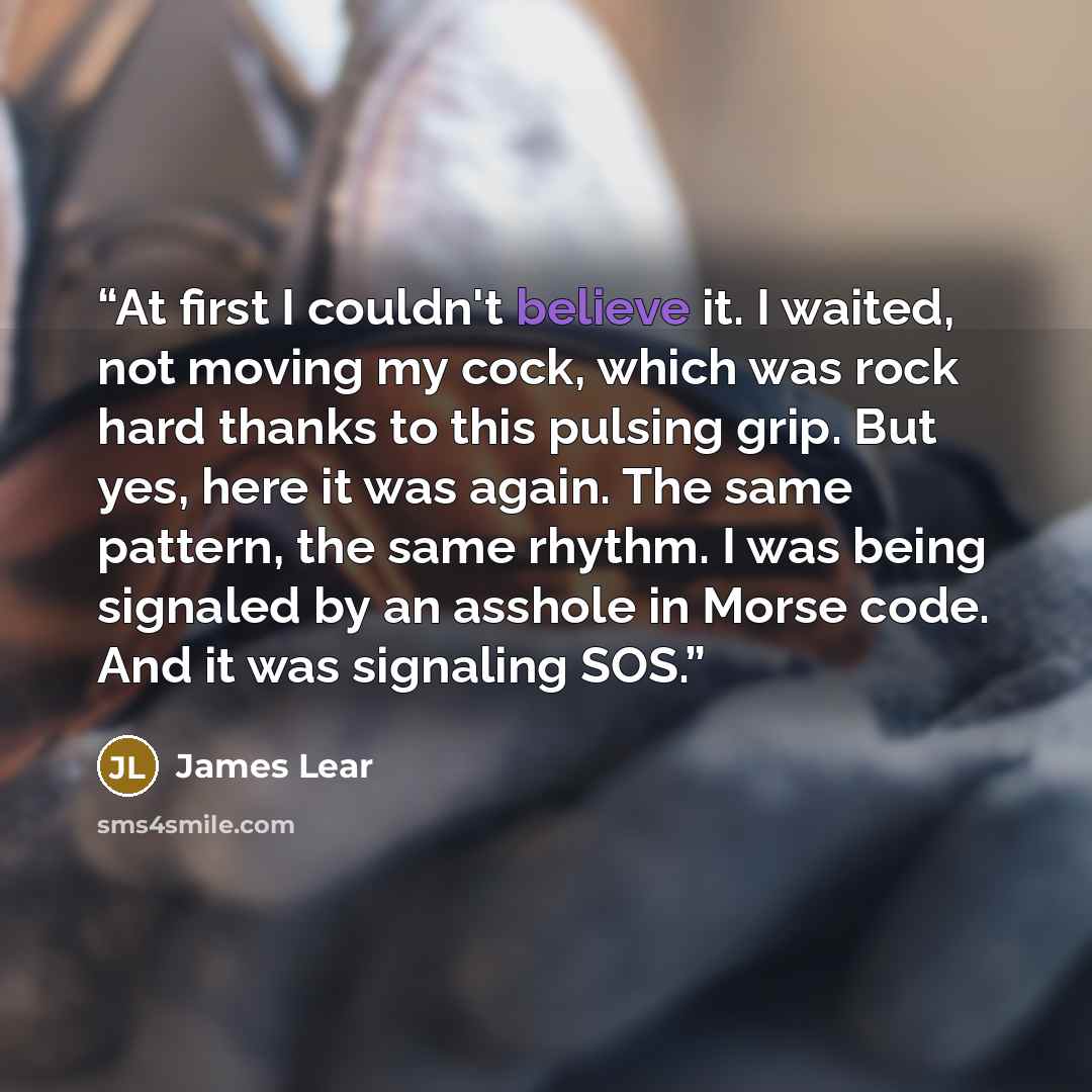 “At first I couldn't believe it. I waited, not moving my cock, which was rock hard thanks to this pulsing grip. But yes, here it was again. The same pattern, the same rhythm. I was being signaled by an asshole in Morse code. And it was signaling SOS.” quote by James Lear