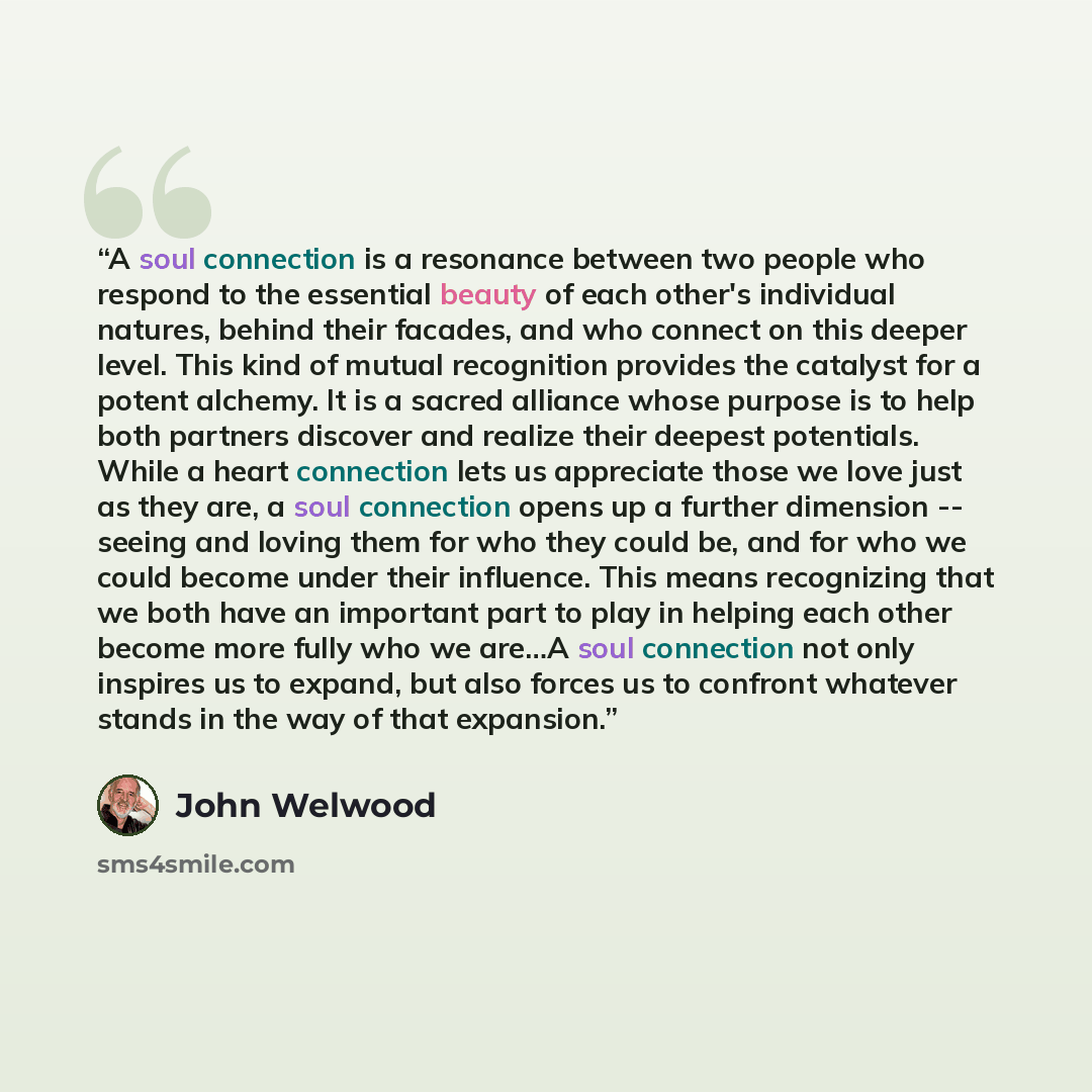 “A soul connection is a resonance between two people who respond to the essential beauty of each other's individual natures, behind their facades, and who connect on this deeper level. This kind of mutual recognition provides the catalyst for a potent alchemy. It is a sacred alliance whose purpose…” quote by John Welwood