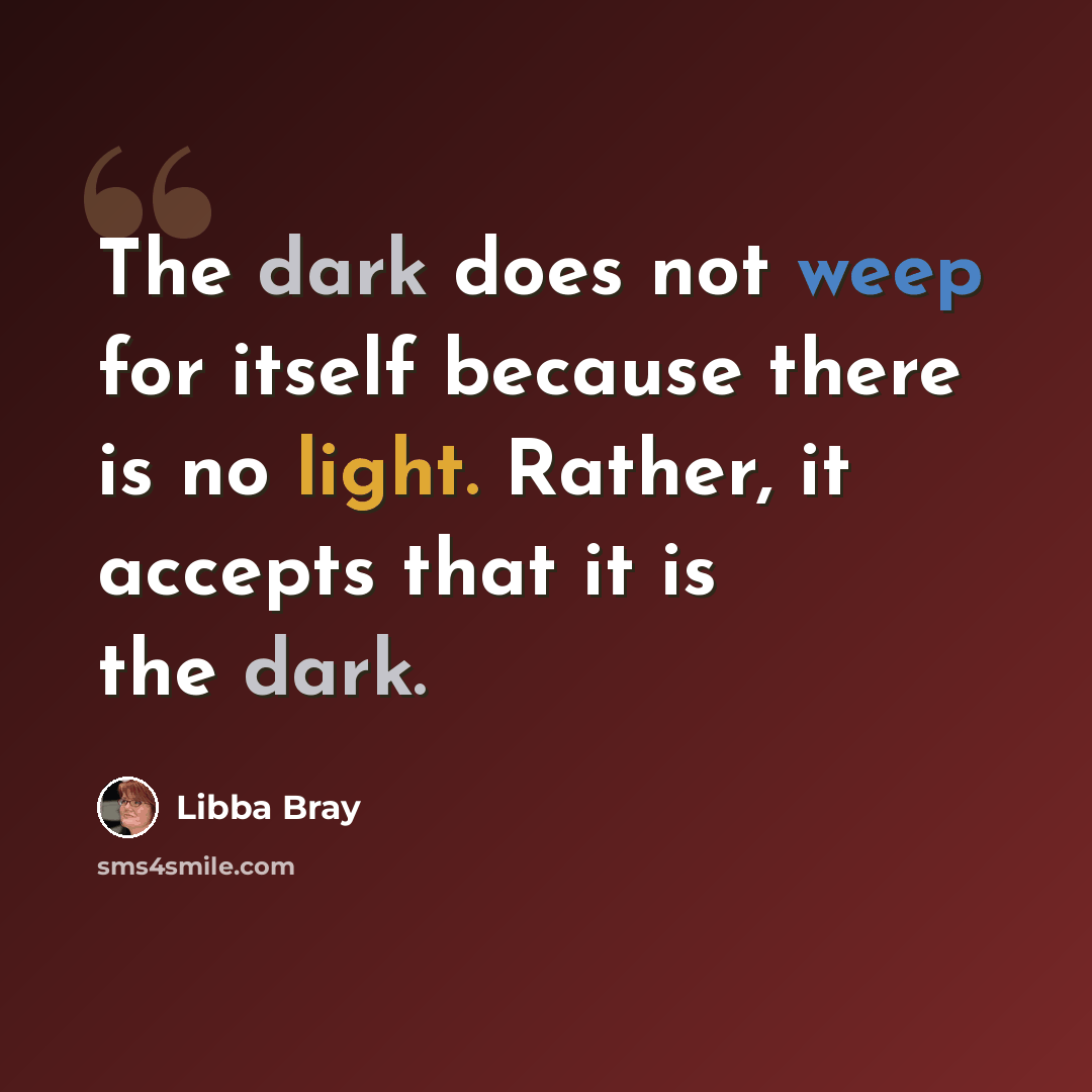 “The dark does not weep for itself because there is no light. Rather, it accepts that it is the dark.” quote by Libba Bray