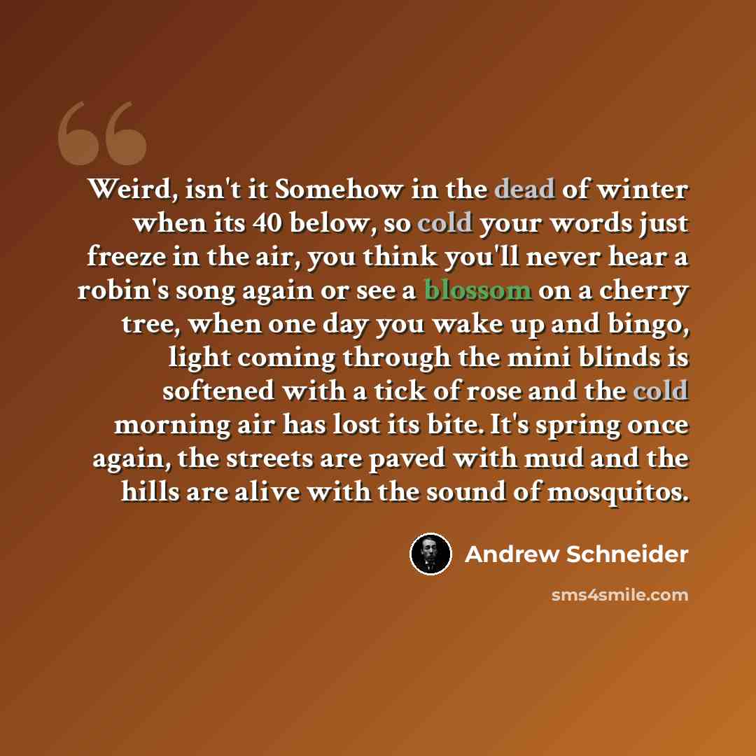“Weird, isn't it Somehow in the dead of winter when its 40 below, so cold your words just freeze in the air, you think you'll never hear a robin's song again or see a blossom on a cherry tree, when one day you wake up and bingo, light coming through the mini blinds is softened with a tick of rose…” quote by Andrew Schneider