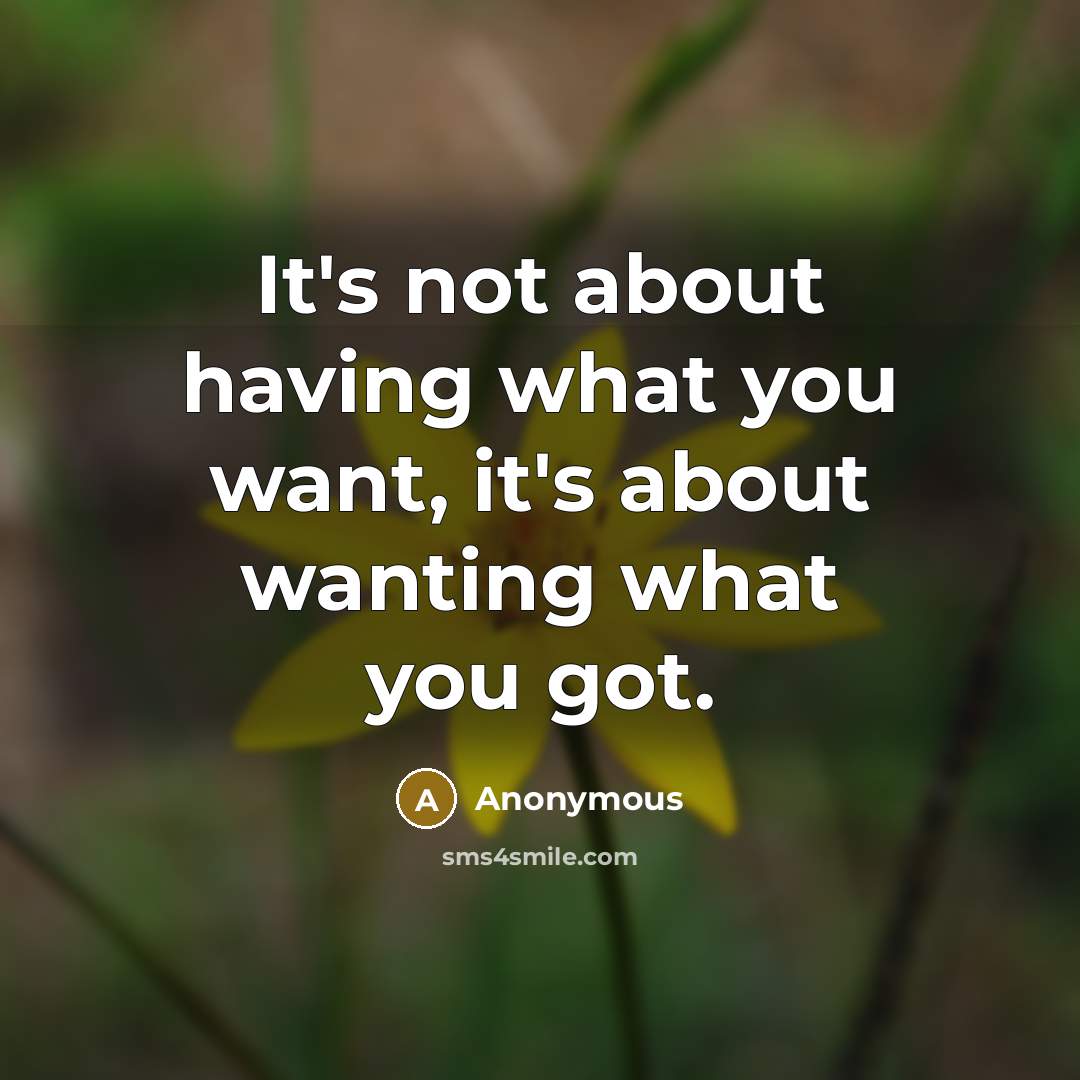 “It's not about having what you want, it's about wanting what you got.” quote by Anonymous