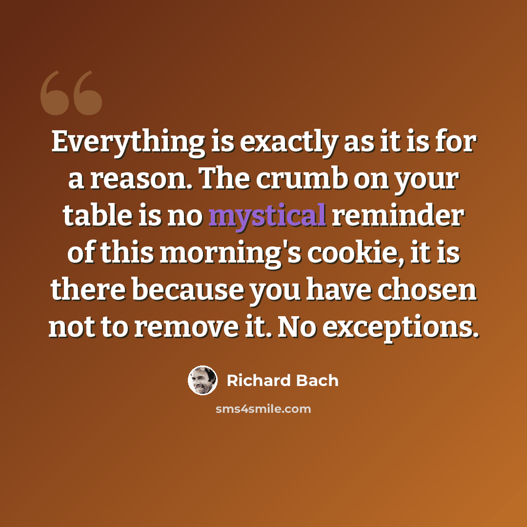 “Everything is exactly as it is for a reason. The crumb on your table is no mystical reminder of this morning's cookie, it is there because you have chosen not to remove it. No exceptions.” quote by Richard Bach