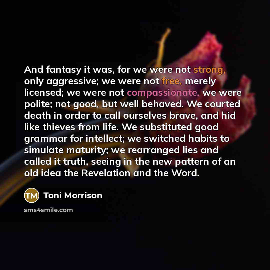 “And fantasy it was, for we were not strong, only aggressive; we were not free, merely licensed; we were not compassionate, we were polite; not good, but well behaved. We courted death in order to call ourselves brave, and hid like thieves from life. We substituted good grammar for intellect; we…” quote by Toni Morrison