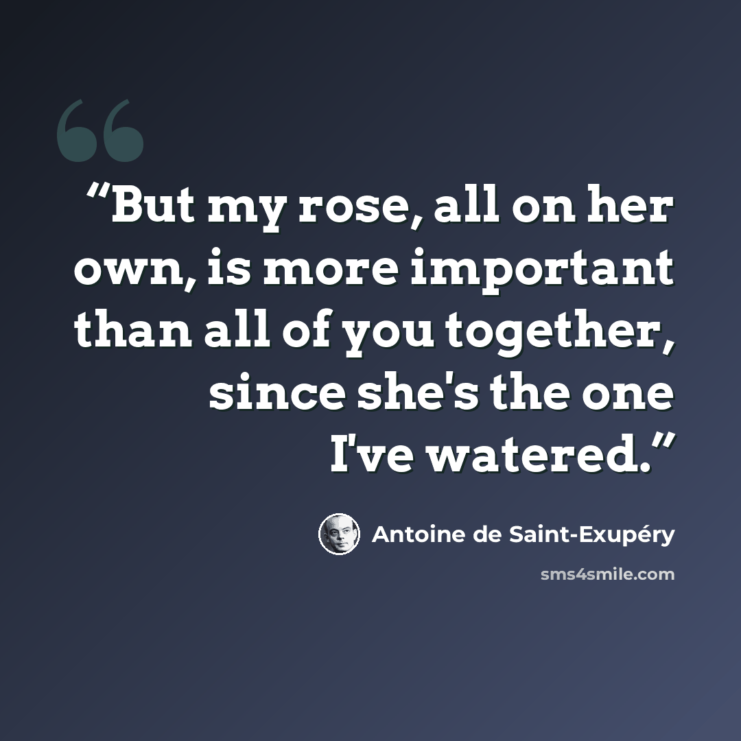 “But my rose, all on her own, is more important than all of you together, since she's the one I've watered.” quote by Antoine de Saint-Exupéry