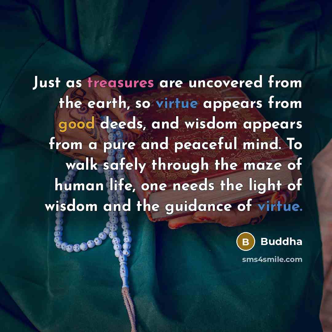 “Just as treasures are uncovered from the earth, so virtue appears from good deeds, and wisdom appears from a pure and peaceful mind. To walk safely through the maze of human life, one needs the light of wisdom and the guidance of virtue.” quote by Buddha