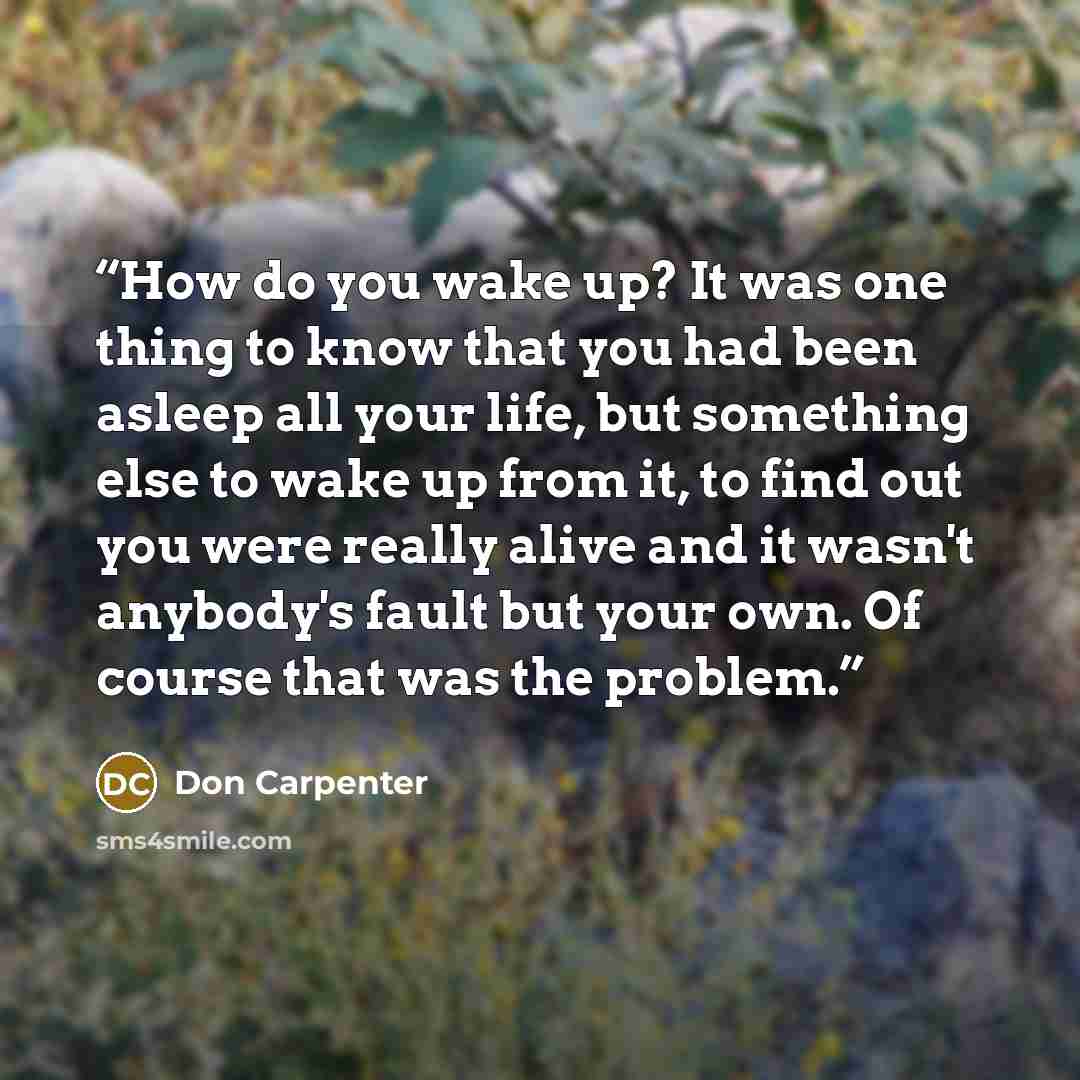 “How do you wake up? It was one thing to know that you had been asleep all your life, but something else to wake up from it, to find out you were really alive and it wasn't anybody's fault but your own. Of course that was the problem.” quote by Don Carpenter