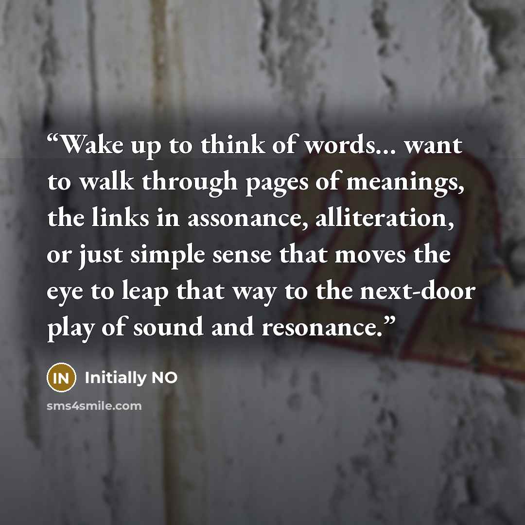 “Wake up to think of words… want to walk through pages of meanings, the links in assonance, alliteration, or just simple sense that moves the eye to leap that way to the next-door play of sound and resonance.” quote by Initially NO