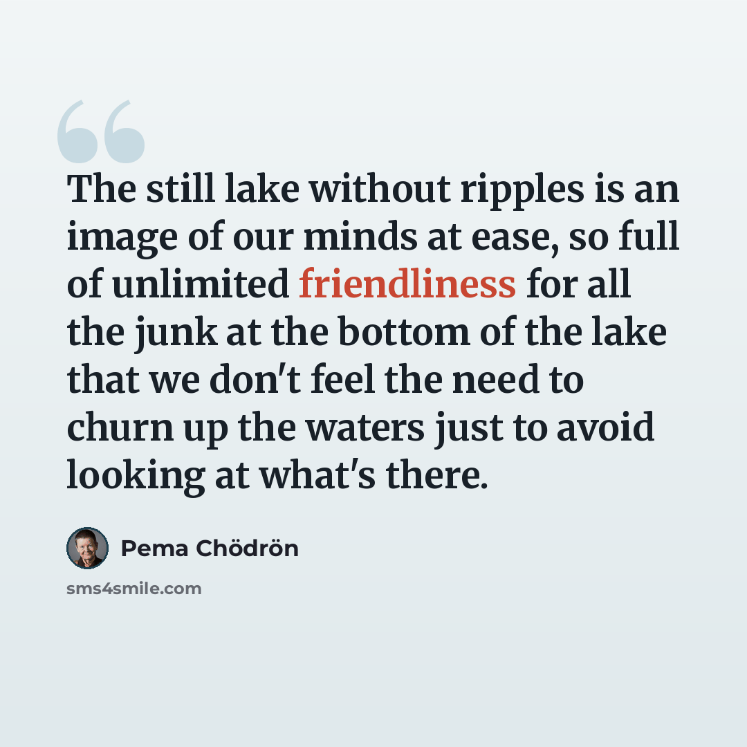 “The still lake without ripples is an image of our minds at ease, so full of unlimited friendliness for all the junk at the bottom of the lake that we don't feel the need to churn up the waters just to avoid looking at what's there.” quote by Pema Chodron