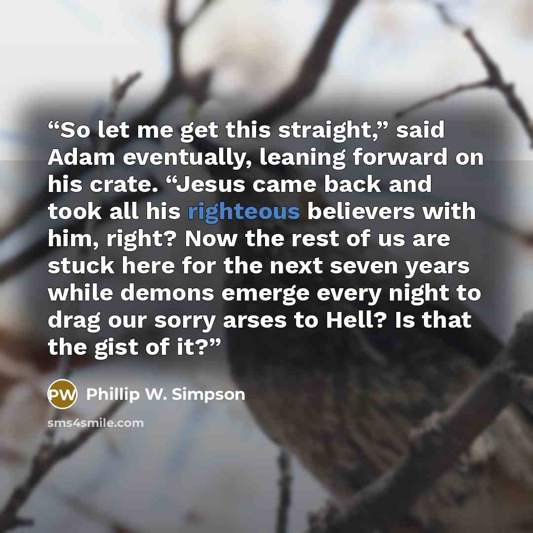 “So let me get this straight,” said Adam eventually, leaning forward on his crate. “Jesus came back and took all his righteous believers with him, right? Now the rest of us are stuck here for the next seven years while demons emerge every night to drag our sorry arses to Hell? Is that the gist of it?” quote by Phillip W. Simpson