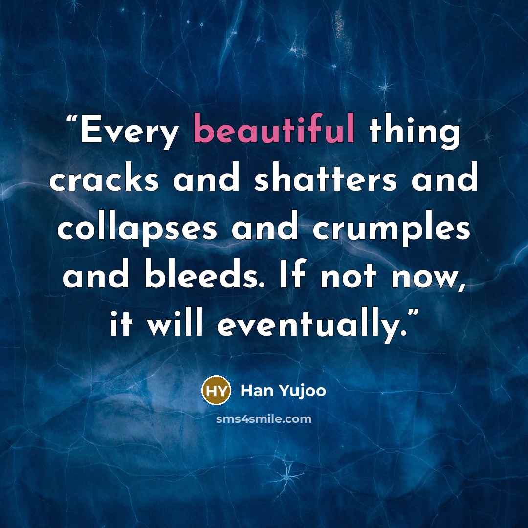 “Every beautiful thing cracks and shatters and collapses and crumples and bleeds. If not now, it will eventually.” quote by Han Yujoo