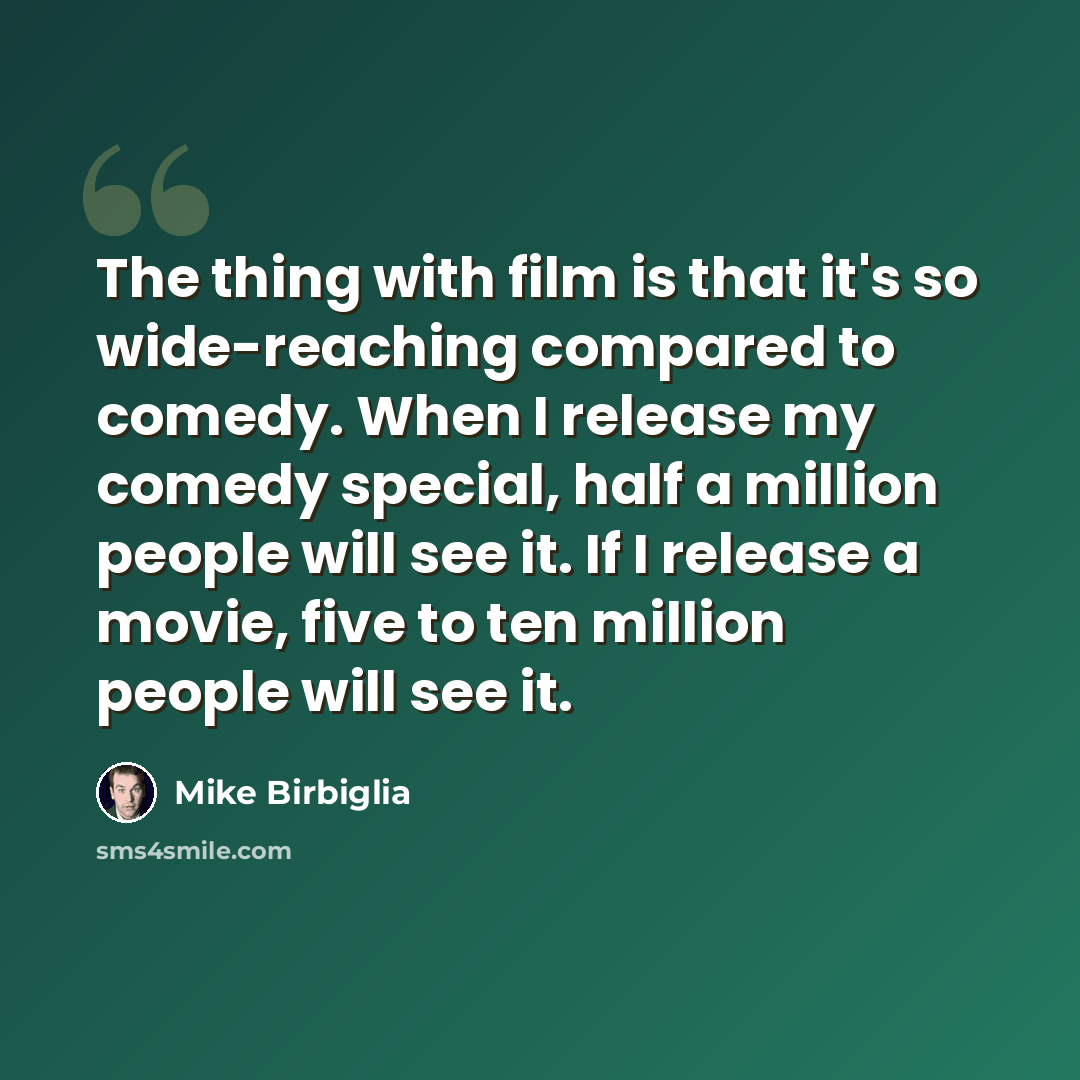 “The thing with film is that it's so wide-reaching compared to comedy. When I release my comedy special, half a million people will see it. If I release a movie, five to ten million people will see it.” quote by Mike Birbiglia