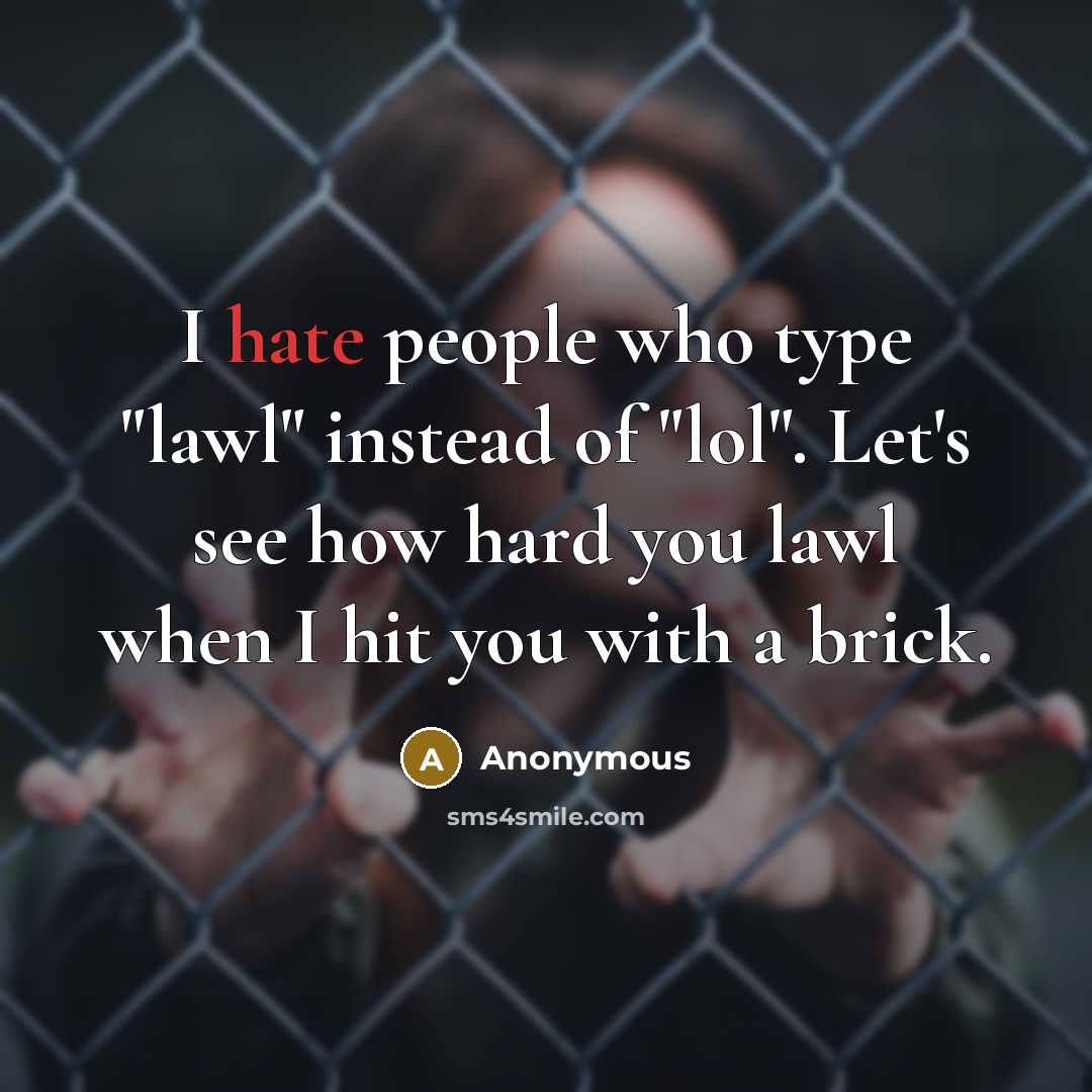 “I hate people who type "lawl" instead of "lol". Let's see how hard you lawl when I hit you with a brick.” quote by Anonymous