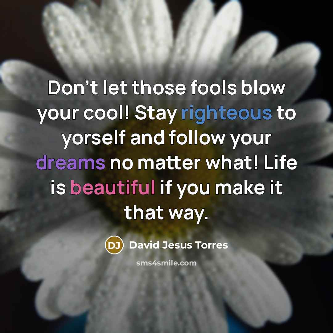 “Don't let those fools blow your cool! Stay righteous to yorself and follow your dreams no matter what! Life is beautiful if you make it that way.” quote by David Jesus Torres