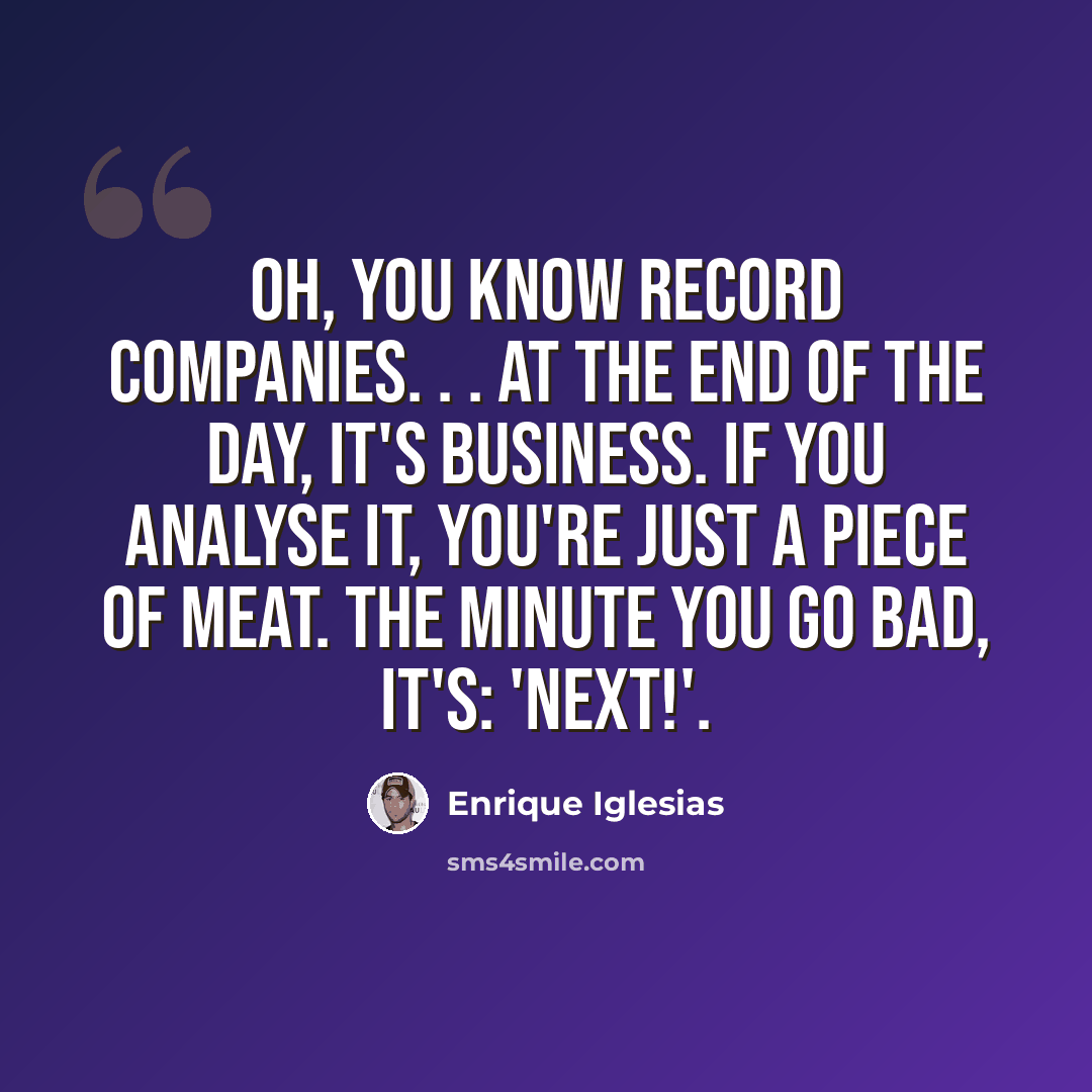 “Oh, you know record companies. . . at the end of the day, it's business. If you analyse it, you're just a piece of meat. The minute you go bad, it's: 'Next!'.” quote by Enrique Iglesias