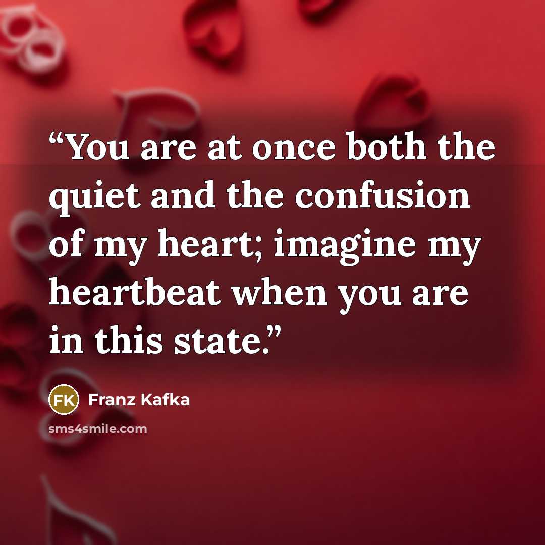 “You are at once both the quiet and the confusion of my heart; imagine my heartbeat when you are in this state.” quote by Franz Kafka