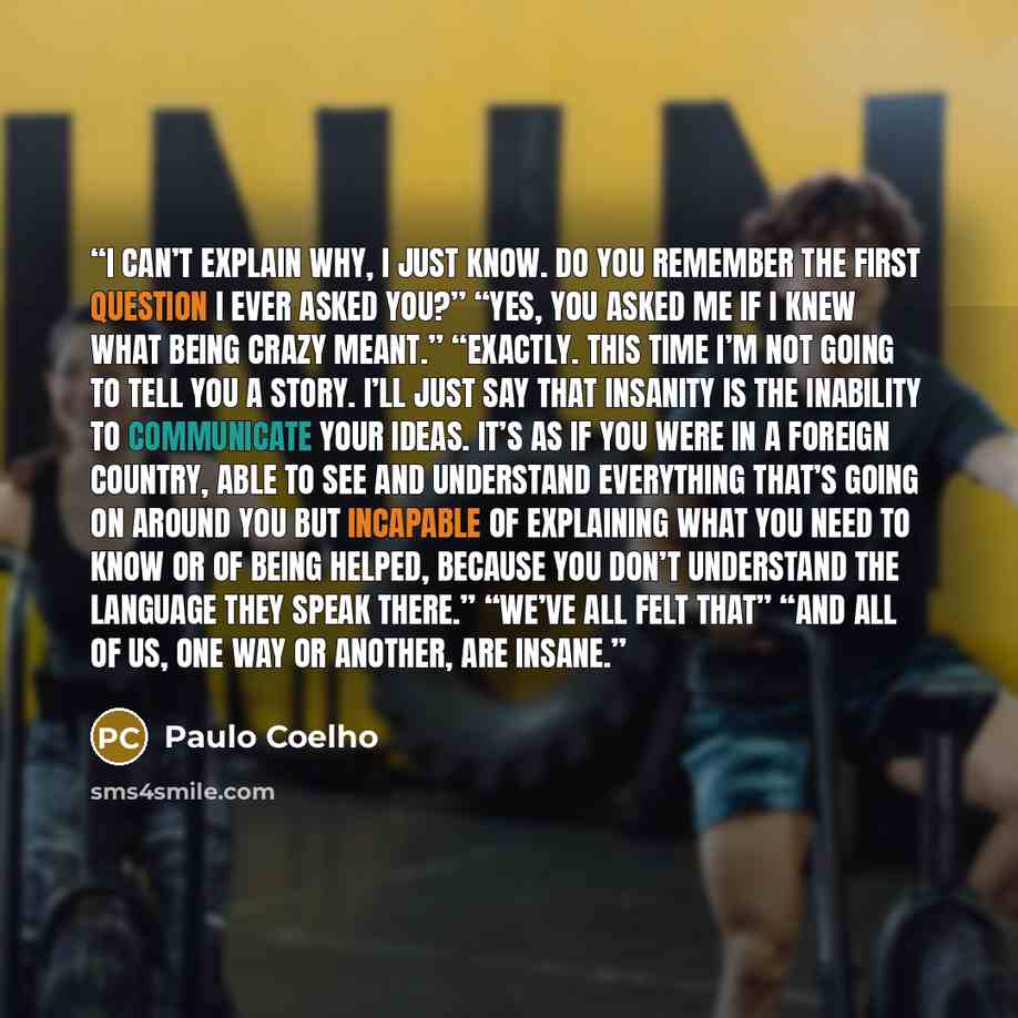 “I can’t explain why, I just know. Do you remember the first question I ever asked you?” “Yes, you asked me if I knew what being crazy meant.” “Exactly. This time I’m not going to tell you a story. I’ll just say that insanity is the inability to communicate your ideas. It’s as if you were in a…” quote by Paulo Coelho