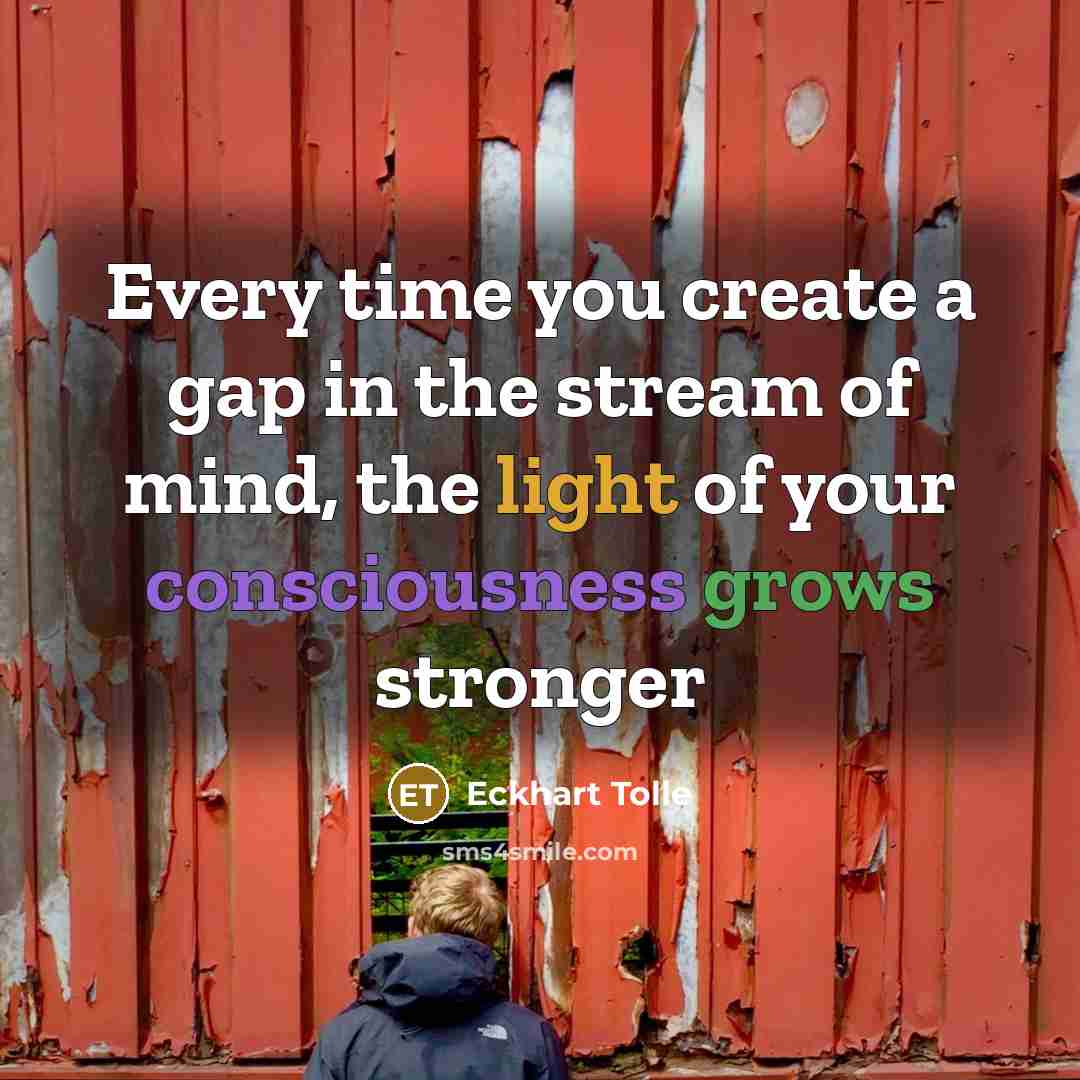 “Every time you create a gap in the stream of mind, the light of your consciousness grows stronger” quote by Eckhart Tolle