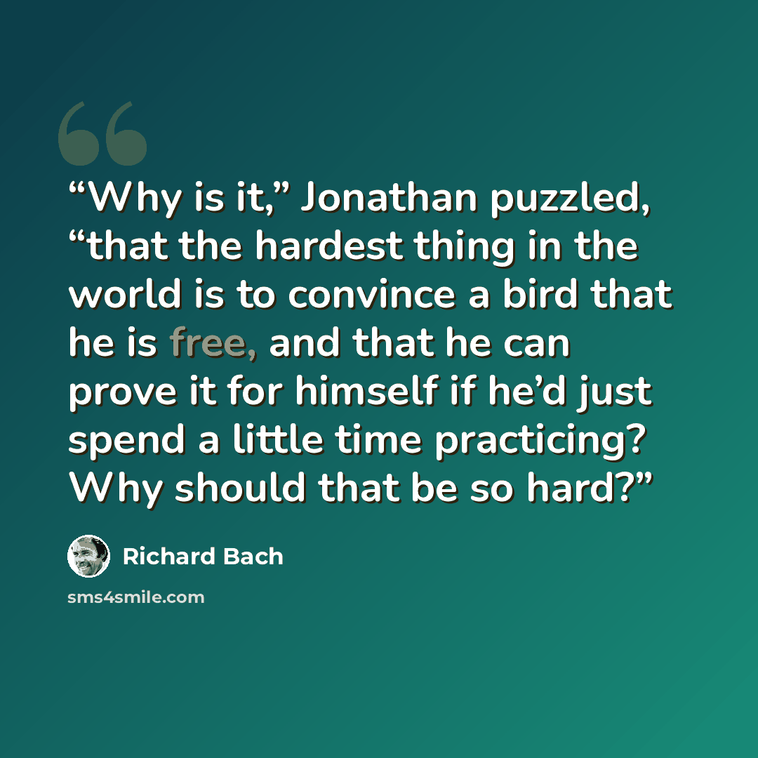 “Why is it,” Jonathan puzzled, “that the hardest thing in the world is to convince a bird that he is free, and that he can prove it for himself if he’d just spend a little time practicing? Why should that be so hard?” quote by Richard Bach