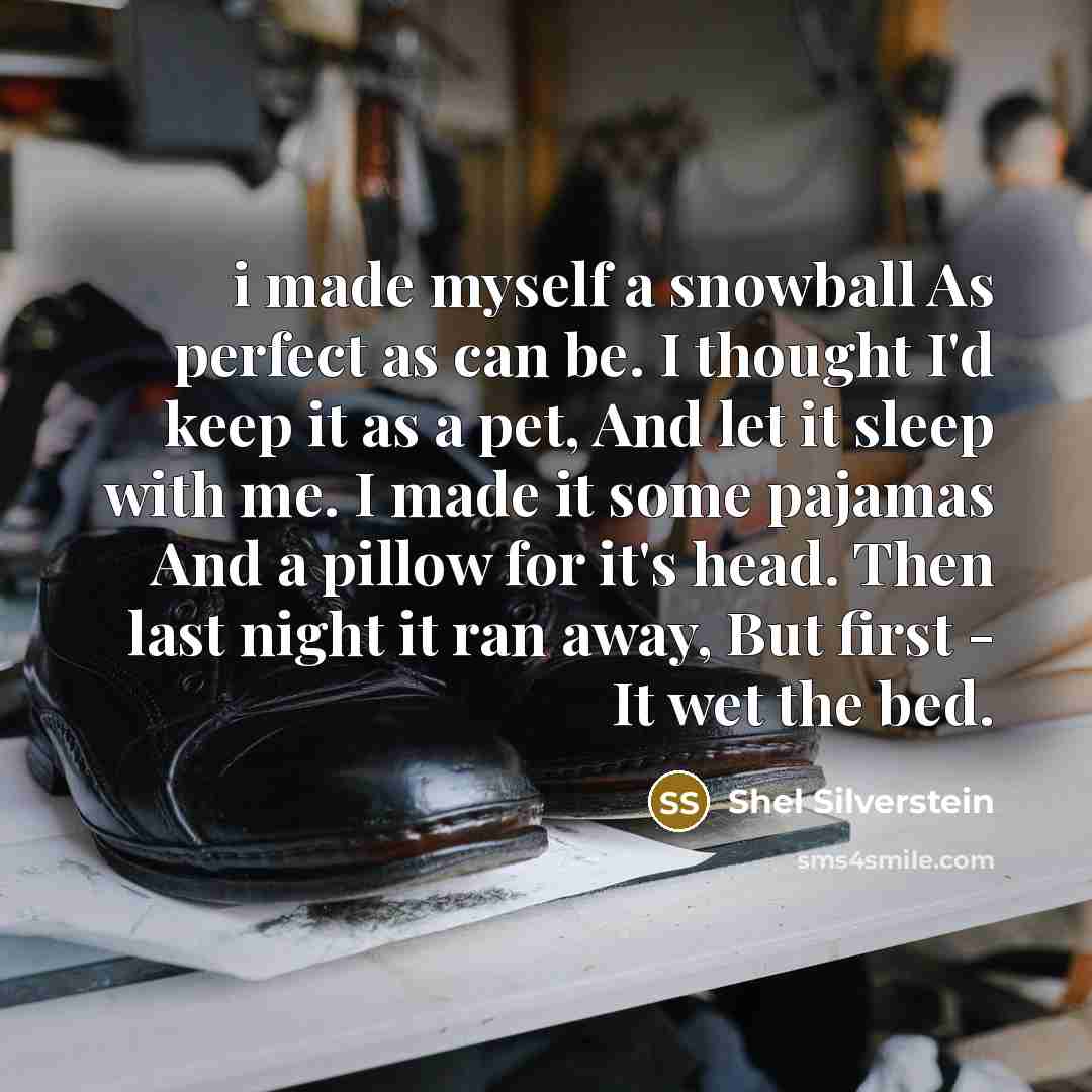 “i made myself a snowball As perfect as can be. I thought I'd keep it as a pet, And let it sleep with me. I made it some pajamas And a pillow for it's head. Then last night it ran away, But first - It wet the bed.” quote by Shel Silverstein