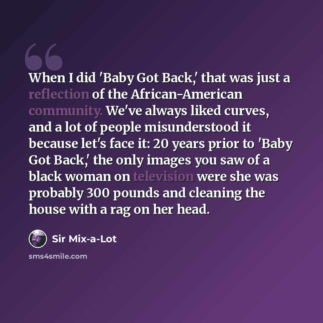 “When I did 'Baby Got Back,' that was just a reflection of the African-American community. We've always liked curves, and a lot of people misunderstood it because let's face it: 20 years prior to 'Baby Got Back,' the only images you saw of a black woman on television were she was probably 300…” quote by Sir Mix-a-Lot