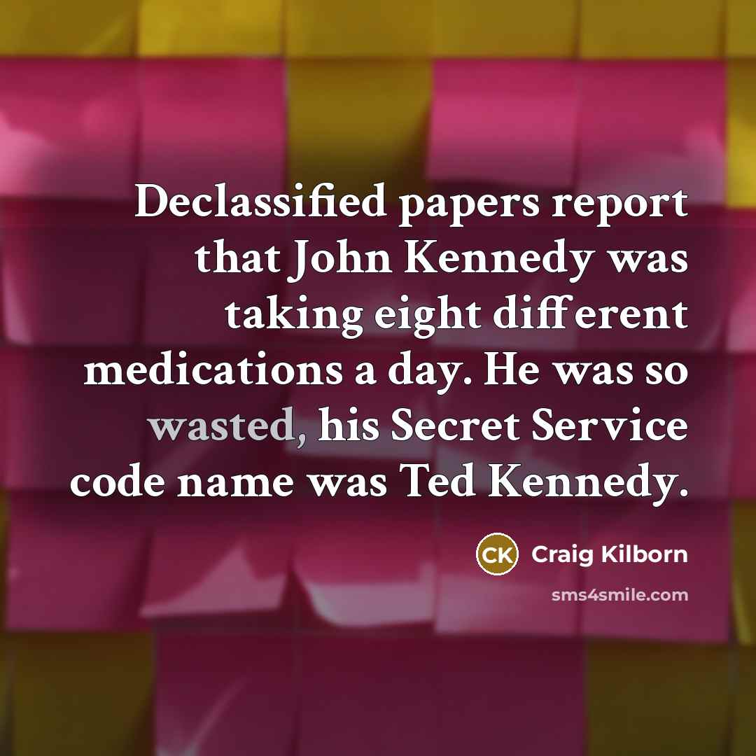 “Declassified papers report that John Kennedy was taking eight different medications a day. He was so wasted, his Secret Service code name was Ted Kennedy.” quote by Craig Kilborn