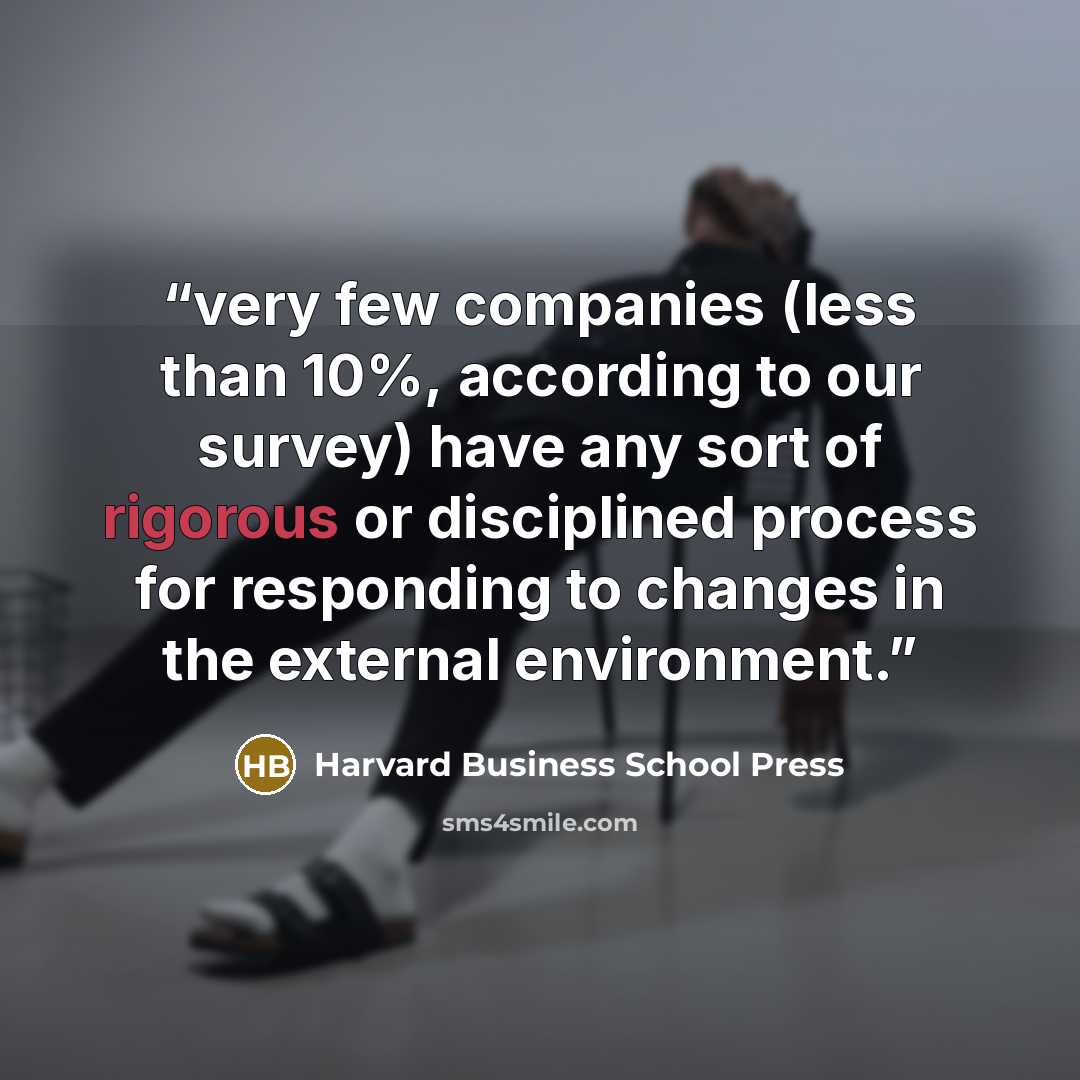 “very few companies (less than 10%, according to our survey) have any sort of rigorous or disciplined process for responding to changes in the external environment.” quote by Harvard Business School Press