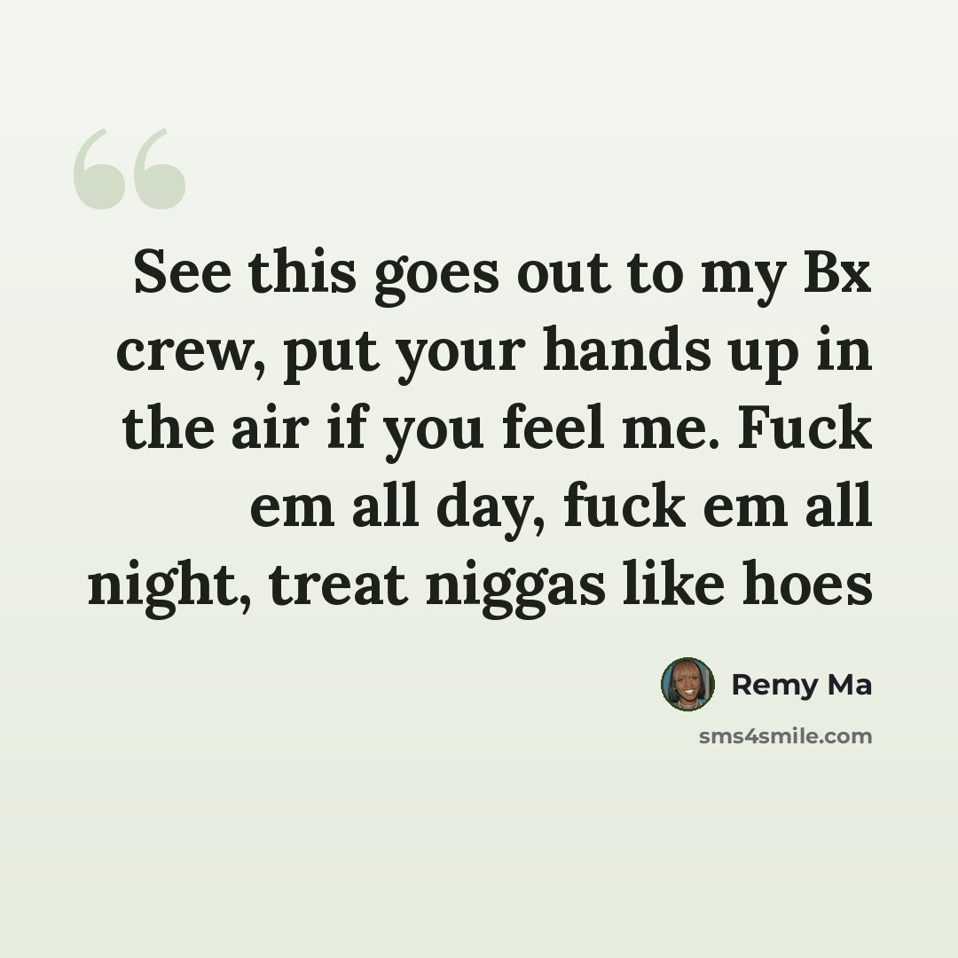 “See this goes out to my Bx crew, put your hands up in the air if you feel me. Fuck em all day, fuck em all night, treat niggas like hoes” quote by Remy Ma