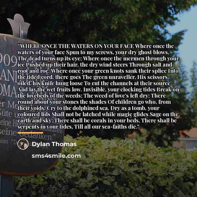 “WHERE ONCE THE WATERS ON YOUR FACE Where once the waters of your face Spun to my screws, your dry ghost blows, The dead turns up its eye; Where once the mermen through your ice Pushed up their hair, the dry wind steers Through salt and root and roe. Where once your green knots sank their splice…” quote by Dylan Thomas