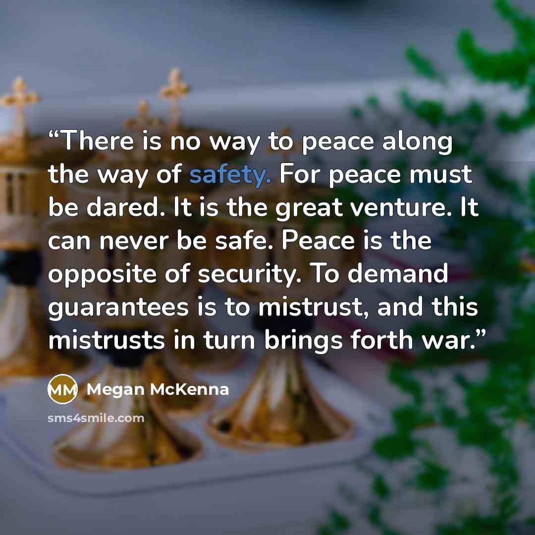 “There is no way to peace along the way of safety. For peace must be dared. It is the great venture. It can never be safe. Peace is the opposite of security. To demand guarantees is to mistrust, and this mistrusts in turn brings forth war.” quote by Megan McKenna
