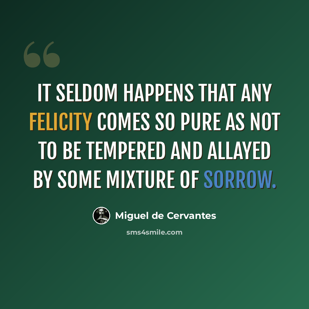 “It seldom happens that any felicity comes so pure as not to be tempered and allayed by some mixture of sorrow.” quote by Miguel de Cervantes