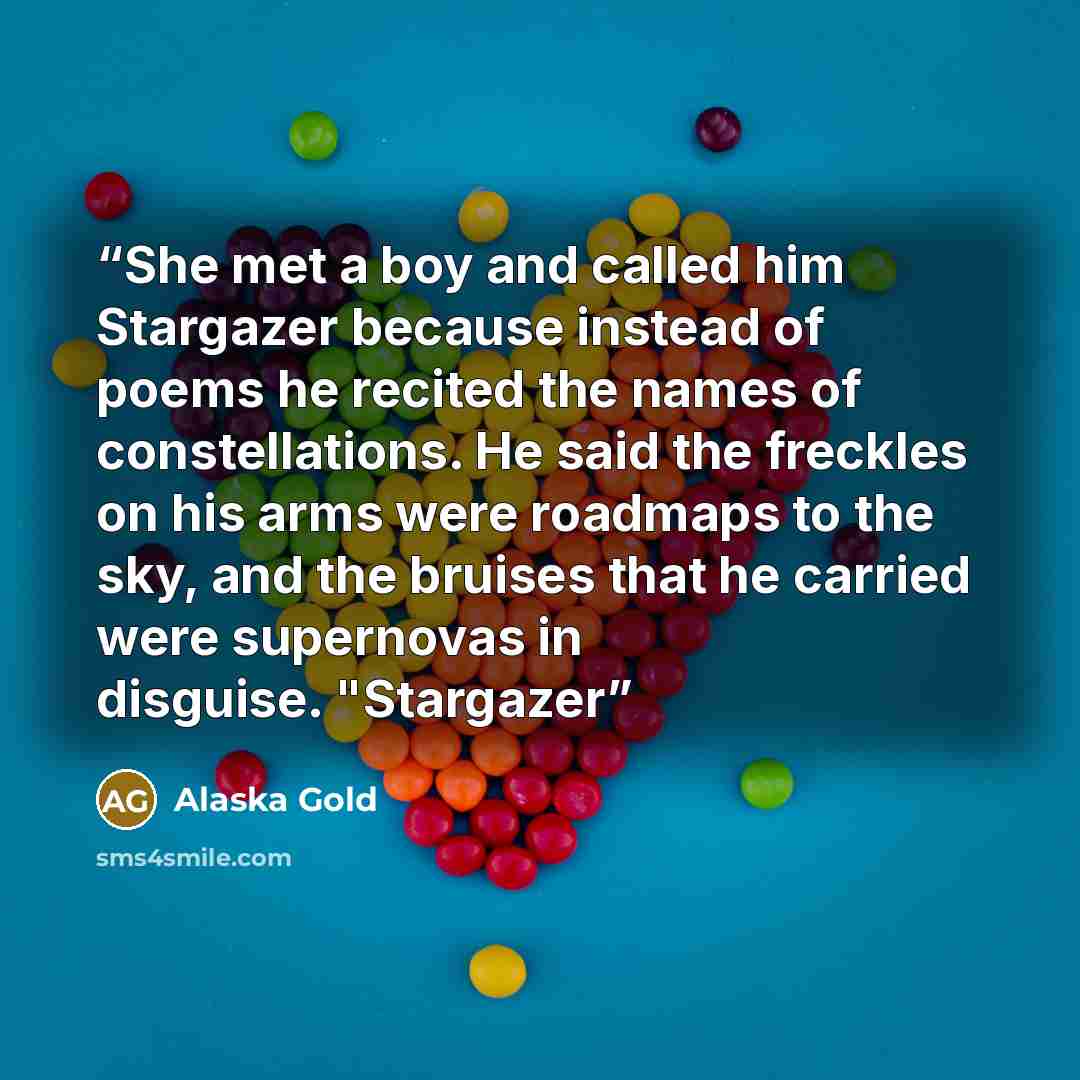 “She met a boy and called him Stargazer because instead of poems he recited the names of constellations. He said the freckles on his arms were roadmaps to the sky, and the bruises that he carried were supernovas in disguise. "Stargazer” quote by Alaska Gold