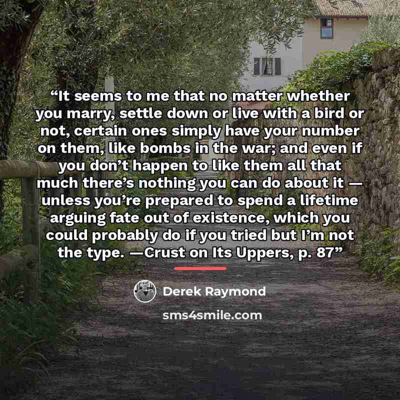 “It seems to me that no matter whether you marry, settle down or live with a bird or not, certain ones simply have your number on them, like bombs in the war; and even if you don’t happen to like them all that much there’s nothing you can do about it — unless you’re prepared to spend a lifetime…” quote by Derek Raymond