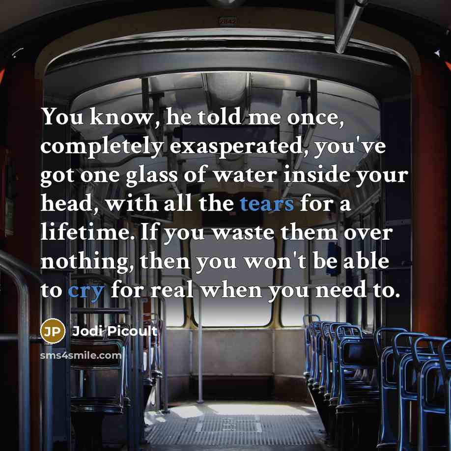 “You know, he told me once, completely exasperated, you've got one glass of water inside your head, with all the tears for a lifetime. If you waste them over nothing, then you won't be able to cry for real when you need to.” quote by Jodi Picoult