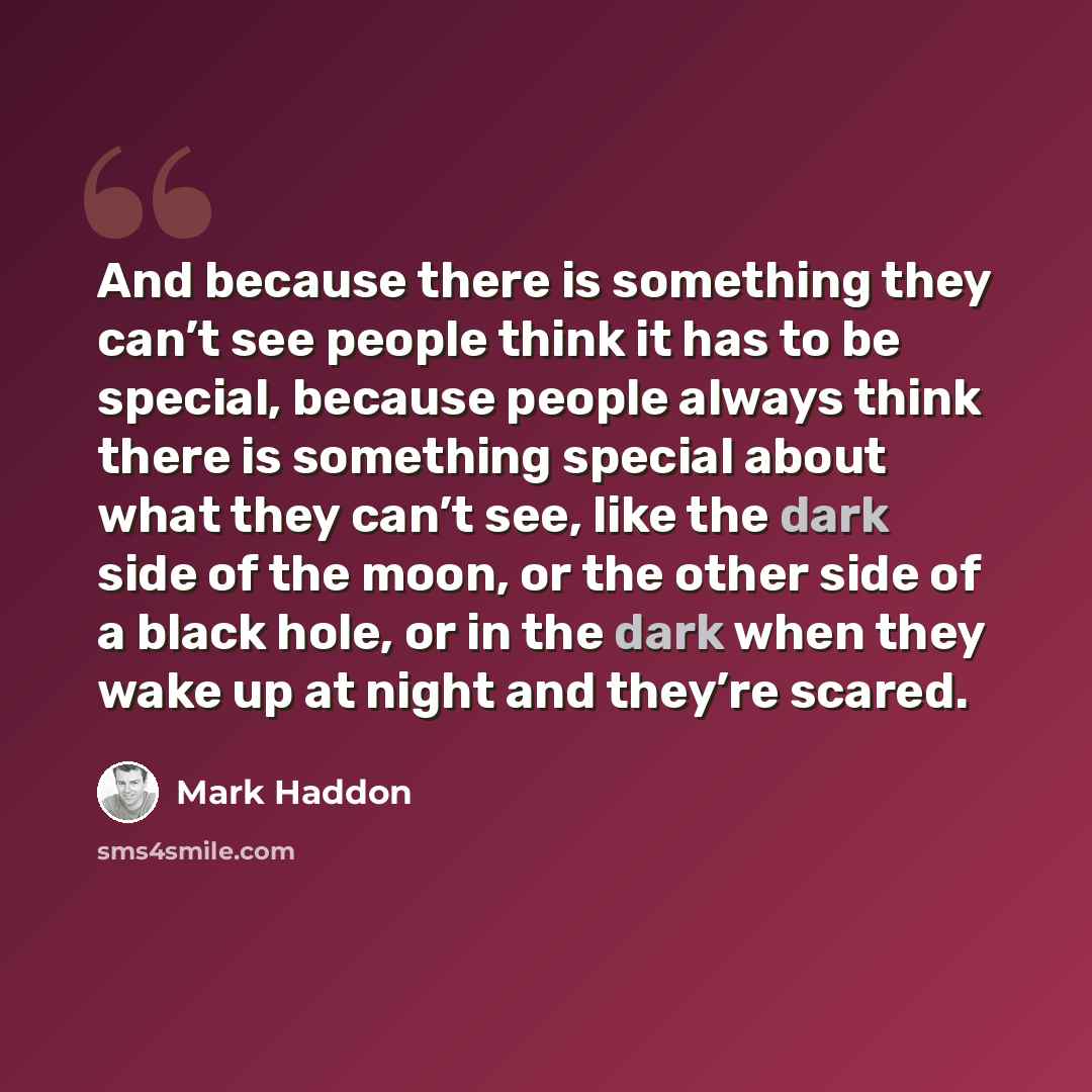 “And because there is something they can’t see people think it has to be special, because people always think there is something special about what they can’t see, like the dark side of the moon, or the other side of a black hole, or in the dark when they wake up at night and they’re scared.” quote by Mark Haddon