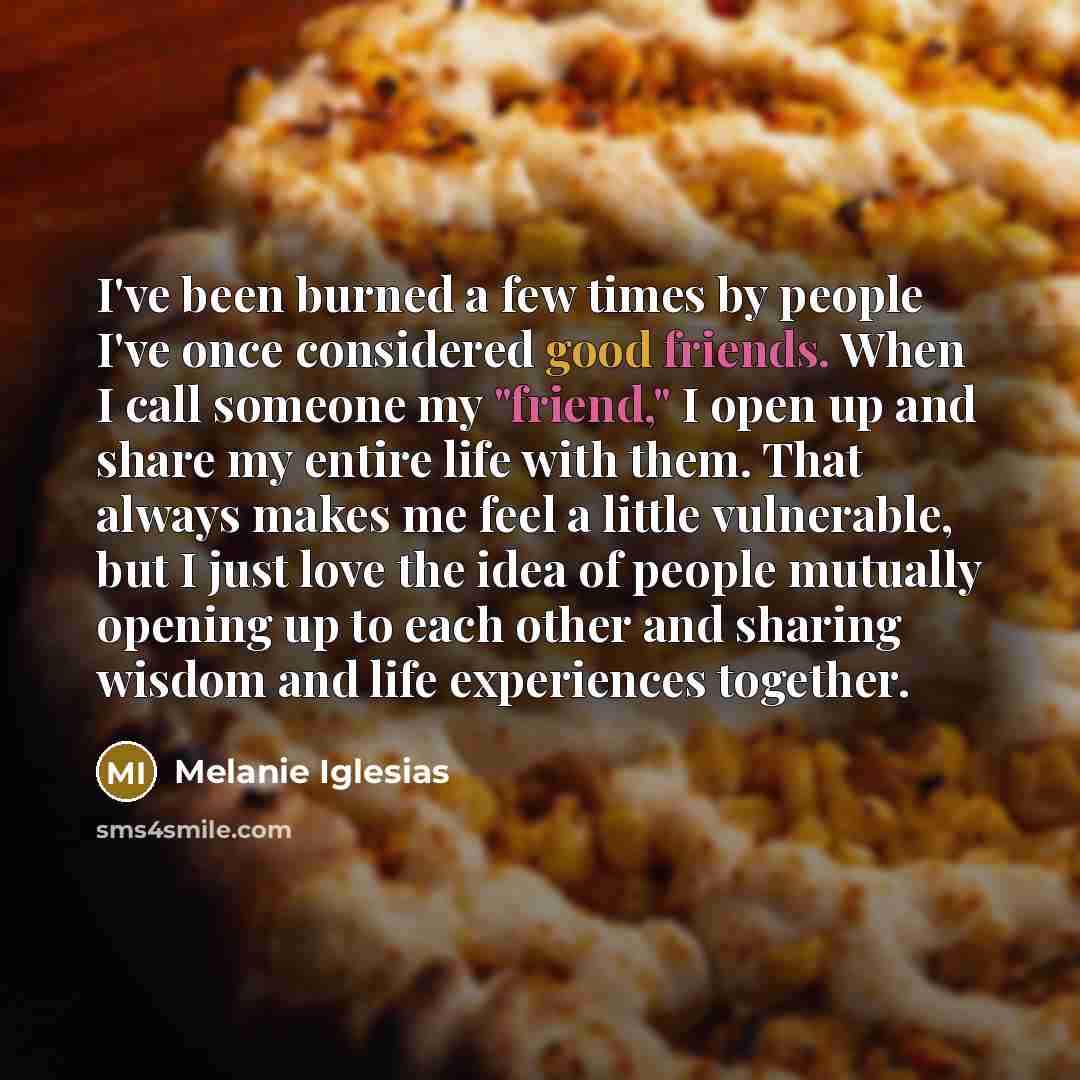 “I've been burned a few times by people I've once considered good friends. When I call someone my "friend," I open up and share my entire life with them. That always makes me feel a little vulnerable, but I just love the idea of people mutually opening up to each other and sharing wisdom and life…” quote by Melanie Iglesias