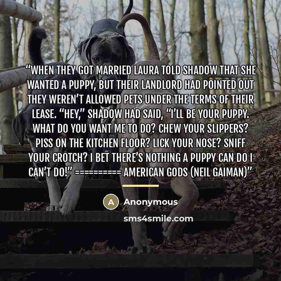 “When they got married Laura told Shadow that she wanted a puppy, but their landlord had pointed out they weren’t allowed pets under the terms of their lease. “Hey,” Shadow had said, “I’ll be your puppy. What do you want me to do? Chew your slippers? Piss on the kitchen floor? Lick your nose? Sniff…” quote by Anonymous