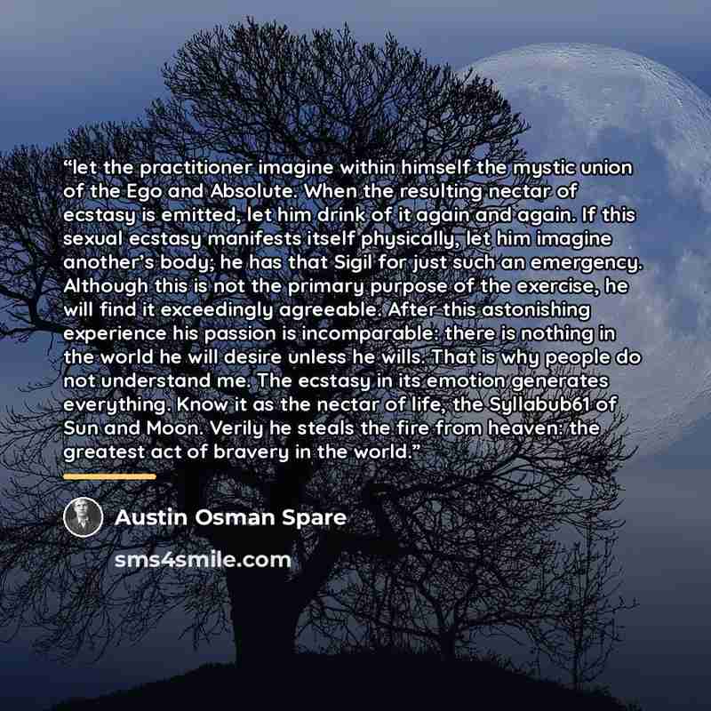 “let the practitioner imagine within himself the mystic union of the Ego and Absolute. When the resulting nectar of ecstasy is emitted, let him drink of it again and again. If this sexual ecstasy manifests itself physically, let him imagine another’s body; he has that Sigil for just such an…” quote by Austin Osman Spare