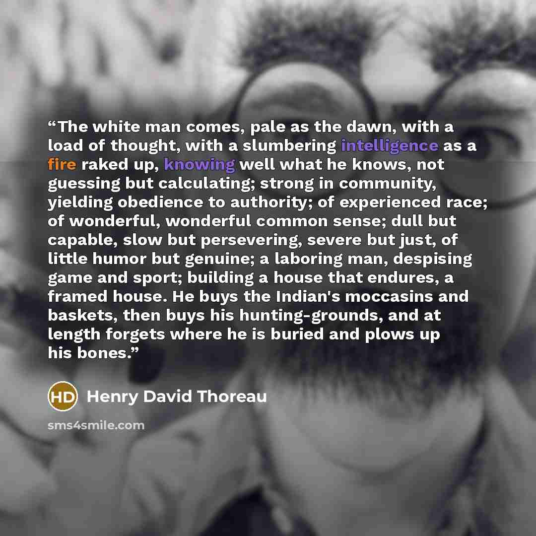 “The white man comes, pale as the dawn, with a load of thought, with a slumbering intelligence as a fire raked up, knowing well what he knows, not guessing but calculating; strong in community, yielding obedience to authority; of experienced race; of wonderful, wonderful common sense; dull but…” quote by Henry David Thoreau
