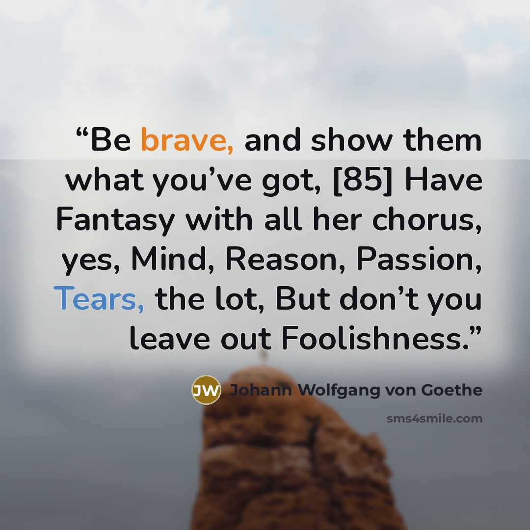 “Be brave, and show them what you’ve got, [85] Have Fantasy with all her chorus, yes, Mind, Reason, Passion, Tears, the lot, But don’t you leave out Foolishness.” quote by Johann Wolfgang von Goethe