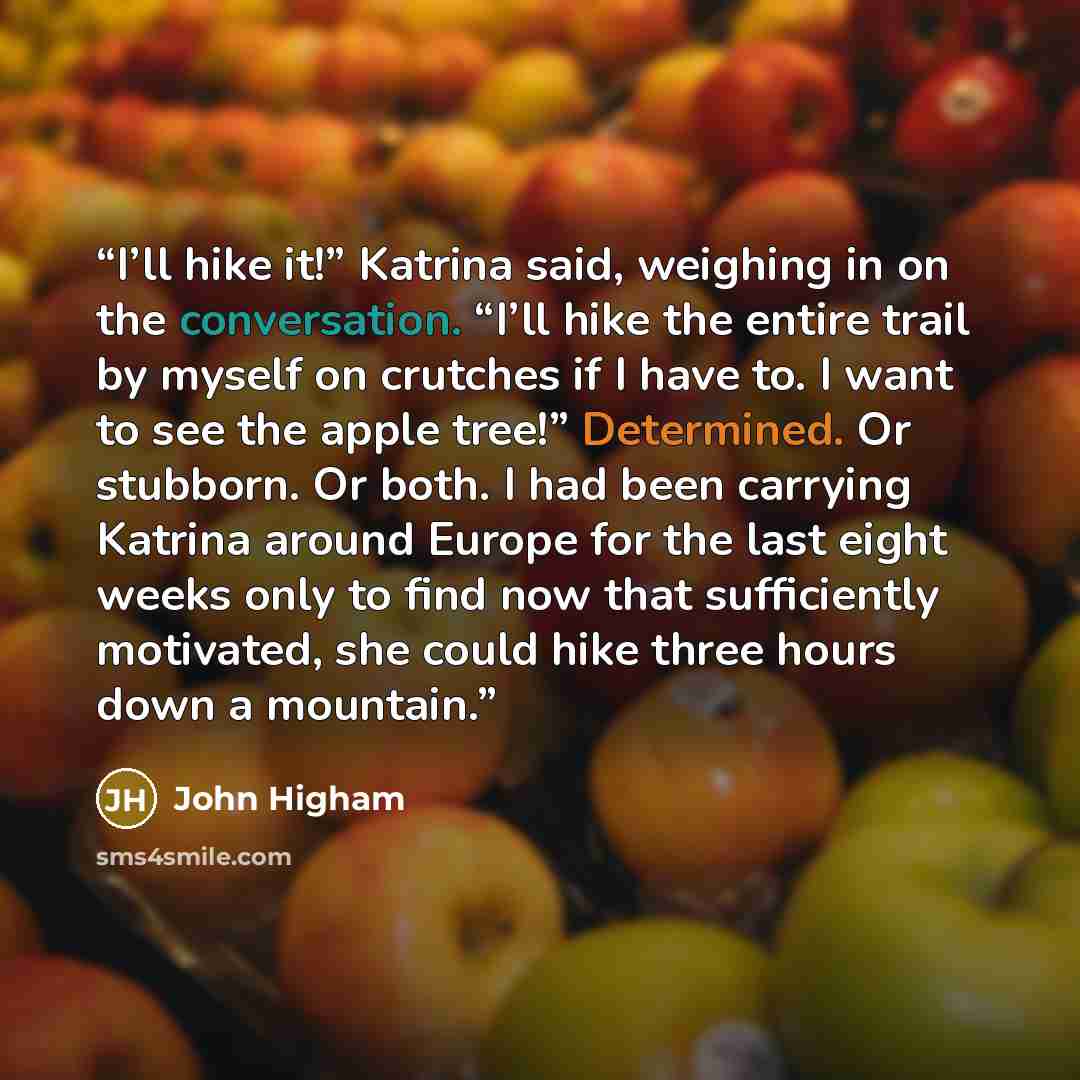 “I’ll hike it!” Katrina said, weighing in on the conversation. “I’ll hike the entire trail by myself on crutches if I have to. I want to see the apple tree!” Determined. Or stubborn. Or both. I had been carrying Katrina around Europe for the last eight weeks only to find now that sufficiently…” quote by John Higham
