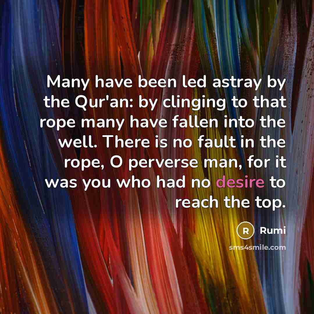 “Many have been led astray by the Qur'an: by clinging to that rope many have fallen into the well. There is no fault in the rope, O perverse man, for it was you who had no desire to reach the top.” quote by Rumi